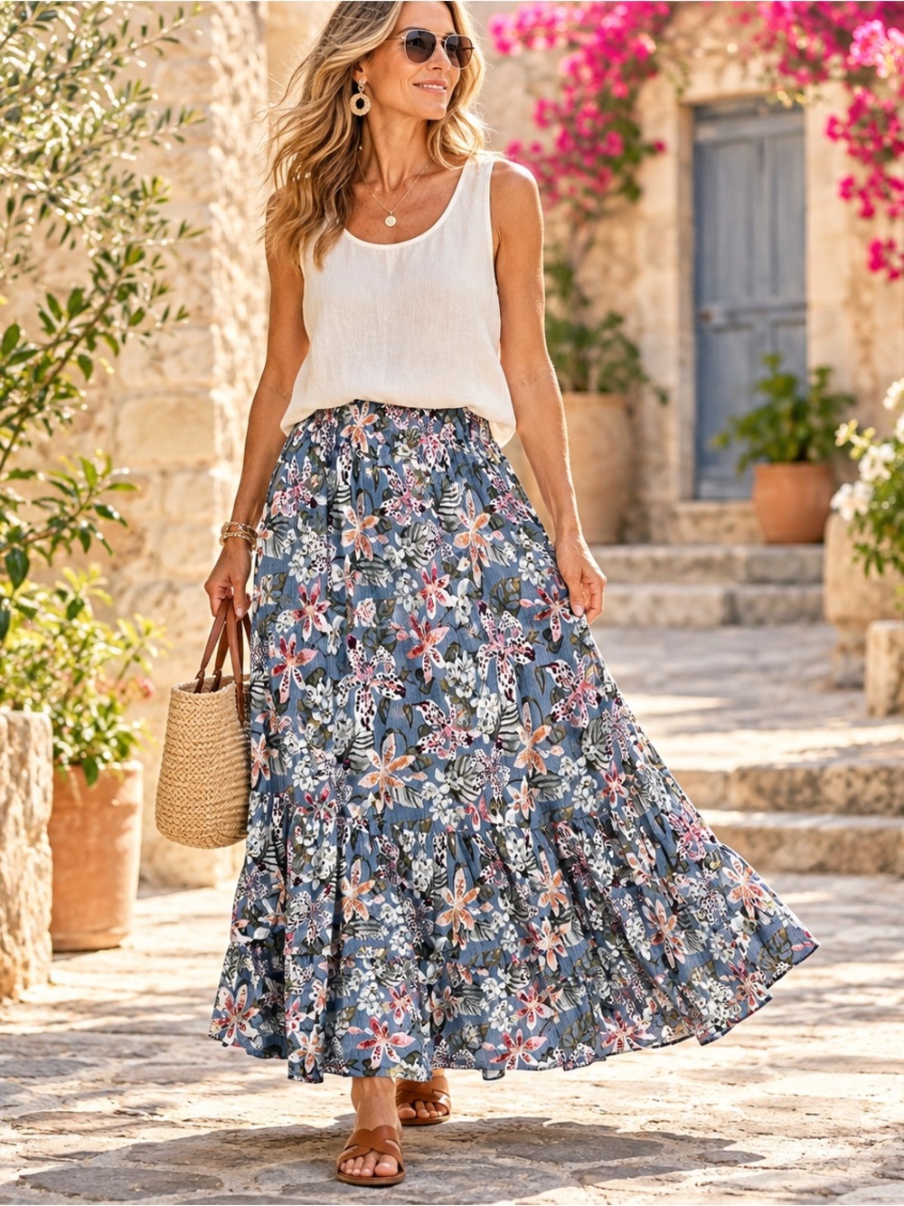 Garnet Hill Tropical Floral Tiered Maxi Skirt Blue Boho Resort MED